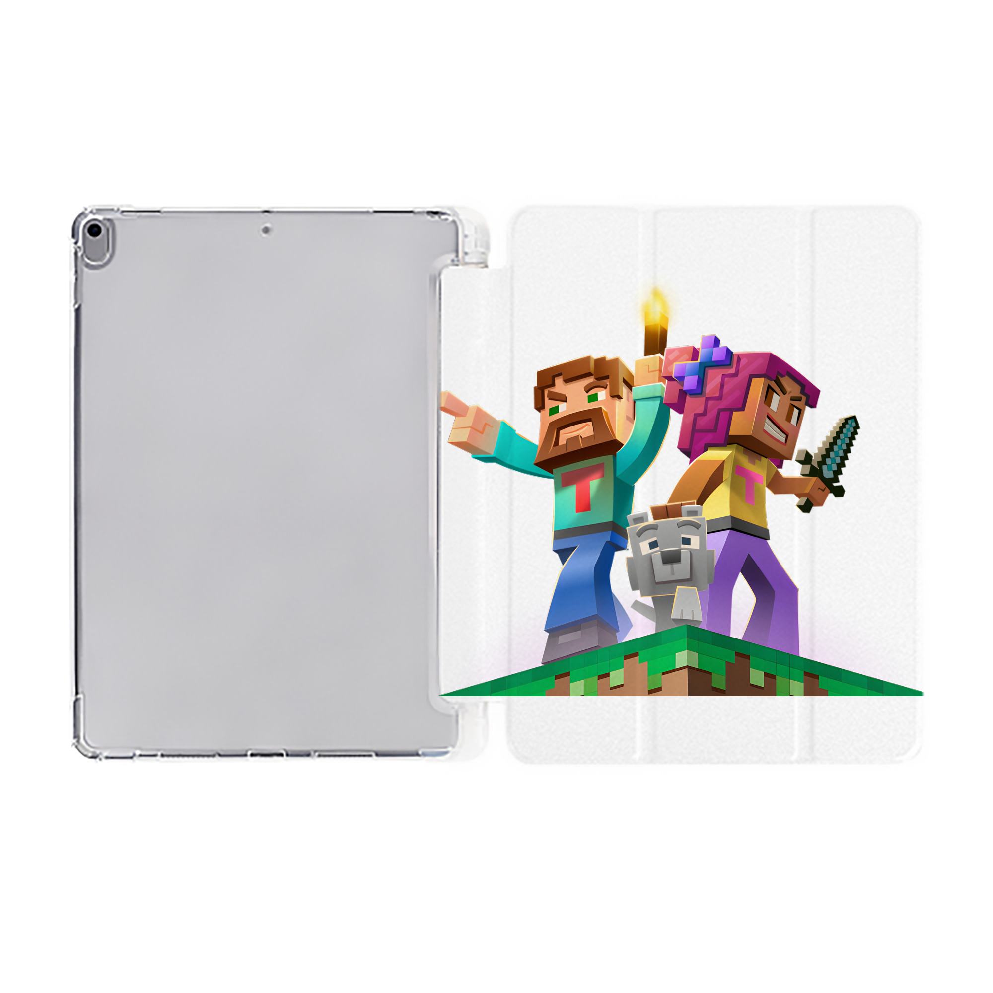 （画像用） マインクラフト ブロックの世界 Minecraft MC Block world IPad ケース ペン収納付き 三つ折りスタンド PUレザー×シリコン 対応機種9.5/10.5/10.9インチ